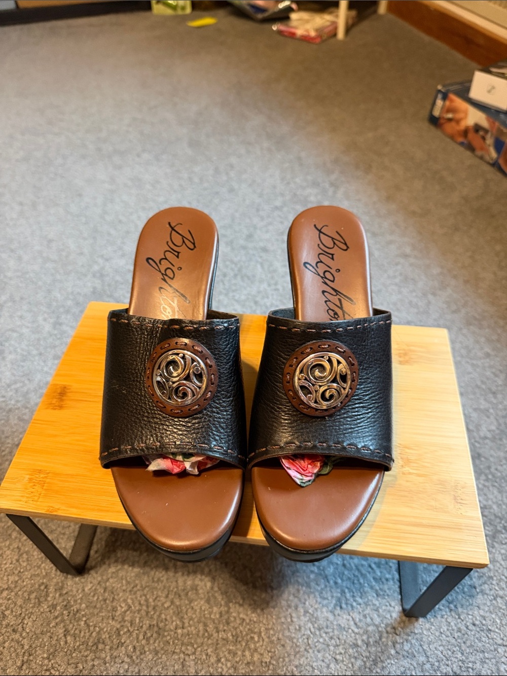 Brighton Black Leather Slide Mules with Decorative Medallions